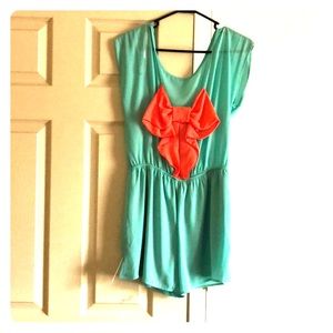 Teal bow tie romper